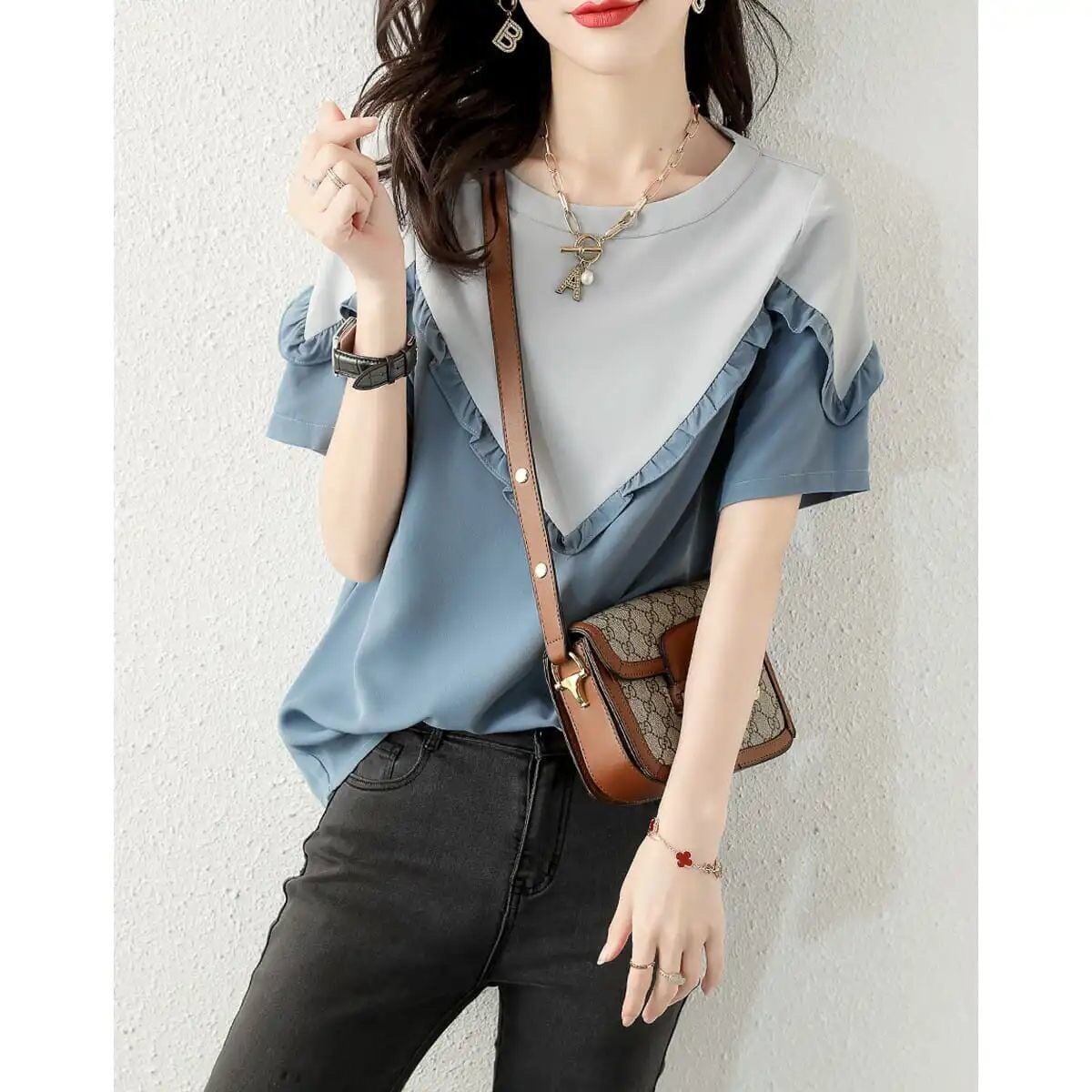 【半額！期間限定！！】 ファッション 定番シンプル 上質 シフォン 半袖<F-6595>