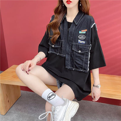 【半額！期間限定！！】新商品 レイヤード風 特別デザイン デニム 切り替え ゆったり 半袖Tシャツ＜F-8933＞