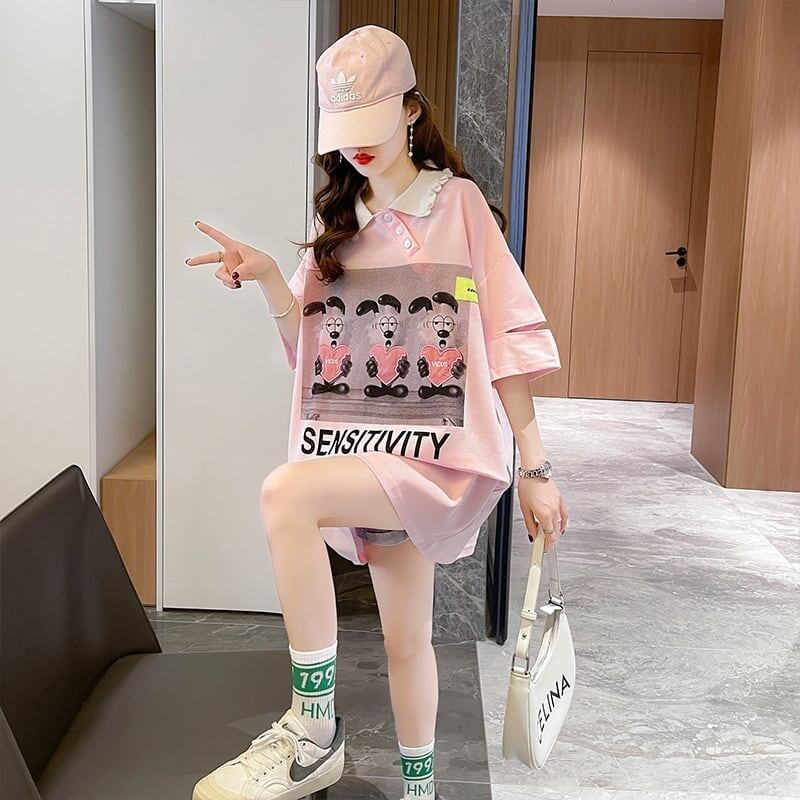 夏新作 アルファベットプリント POLOネック ロング Tシャツ ゆったりワンピース ＜F-3038＞