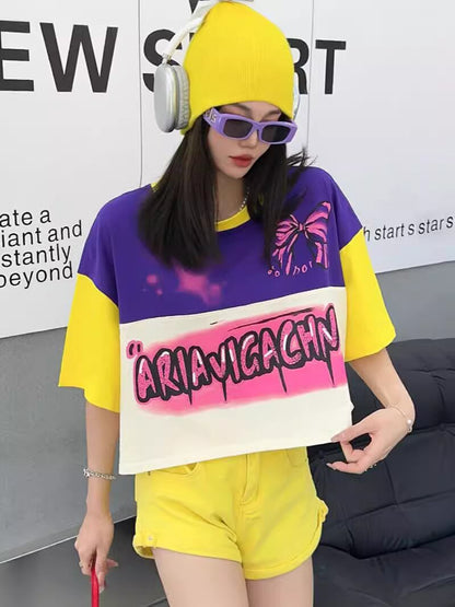 着回し力抜群 切り替え三色 韓国系 ゆったり半袖Tシャツ ＜F-8455＞
