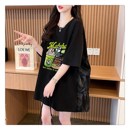 着回し力抜群 切り替え プリント ロング Tシャツ ゆったり半袖 Tシャツ ＜F-8498＞