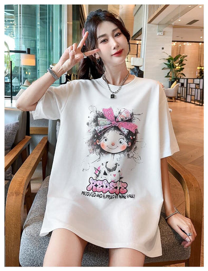 好感度UP ピンク カジュアル プリント スパンコール プリント ゆったり 半袖 Tシャツ＜F-8705＞