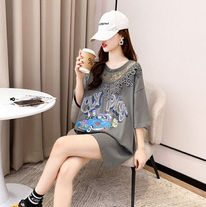 着回し力抜群 プリント カジュアル ビッグロゴ レース 切り替え 半袖Tシャツ 全3色＜F-8423＞