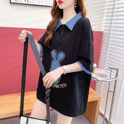 韓国系   POLOネック 三色 ゆったり半袖 ＜F-3056＞