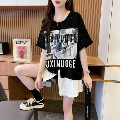 絶対流行 レイヤード風 レース プリント全2色 半袖TシャツF-8821