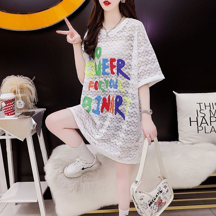 話題沸騰中 透かし彫り レース 2色選択 半袖Tシャツ＜F-8525＞