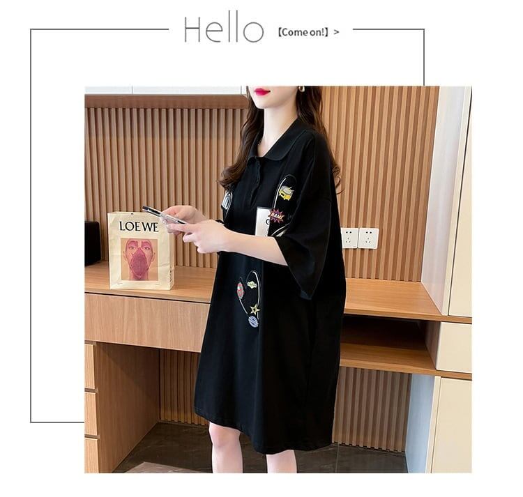 POLOネック 切り替え ストライプ柄 ロング Tシャツ ゆったりワンピース ＜F-3031＞