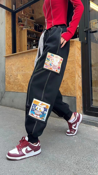 大活躍 高見えデザイン スタイルアップ効果抜群 切り替え プリント 全4色 カジュアルパンツF-9358