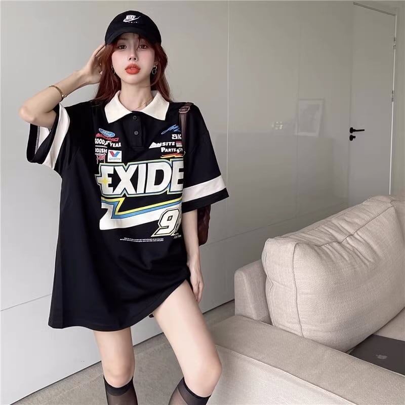 韓国系   POLOネック ロング Tシャツ 三色 ゆったりワンピース＜F-4025＞