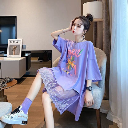 スウィート   レース プリント ロングTシャツ ゆったり半袖＜F-2952＞