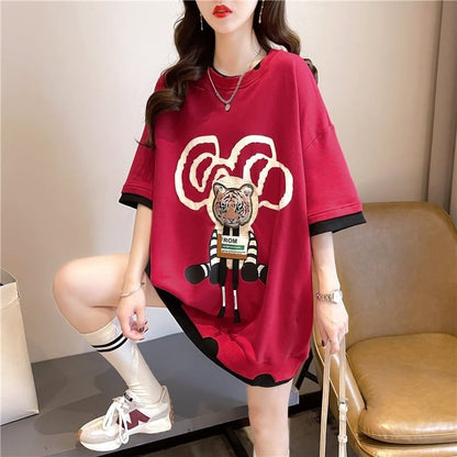 気質ルーズ漫画プリントミッドレングス半袖Tシャツ<F-3026>