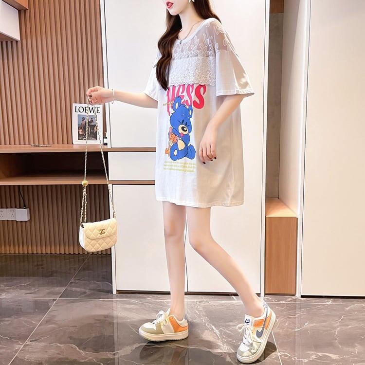 ファッションデザインレースミドル丈半袖Tシャツ<F-3017>