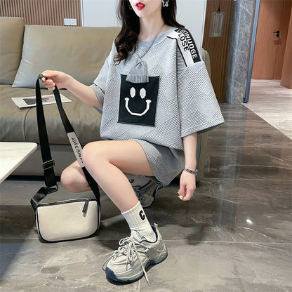 エレガントな立体ジャガードルーズウールパッチステッチ半袖Tシャツ<F-2901>
