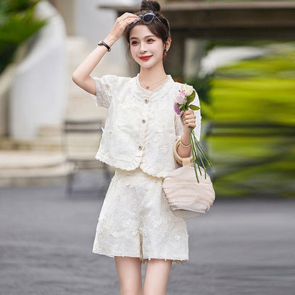 超人気 上品 美人度アップ レース刺繍 ブラウスⅹパンツセット<F-8424>