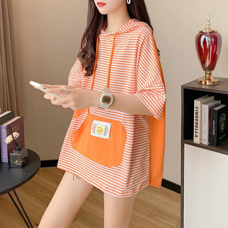 スタイルアップ効果抜群 ストライプ柄 アバンギャルド 切り替え レース プリント全2色 半袖TシャツF-9111
