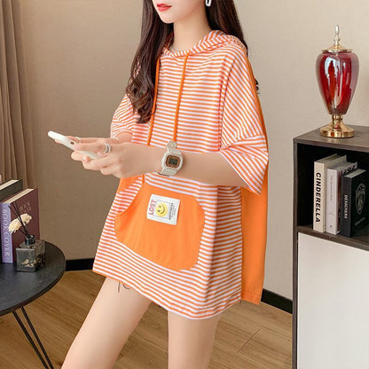 スタイルアップ効果抜群 ストライプ柄 アバンギャルド 切り替え レース プリント全2色 半袖TシャツF-9111