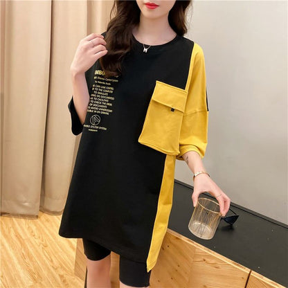 韓国系配色切り替えロングゆったり三色半袖Tシャツ＜F-1625＞