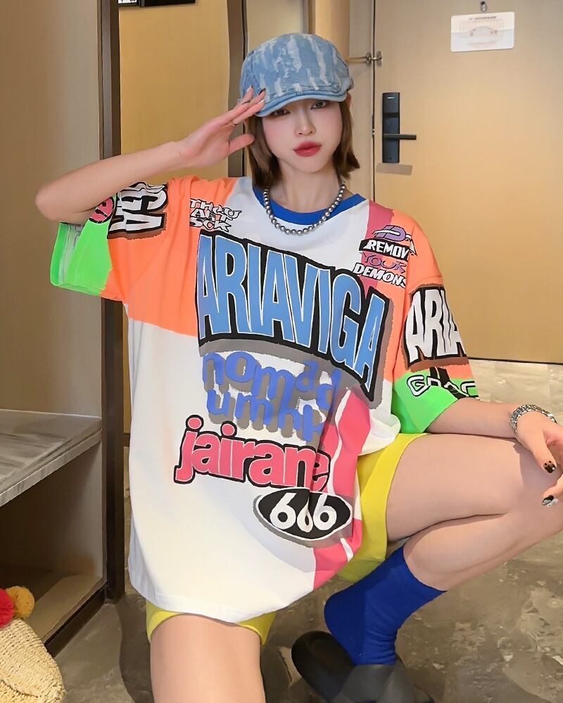スタイルアップ効果抜群 レース アバンギャルド ダブルプリント全2色 半袖TシャツF-8980