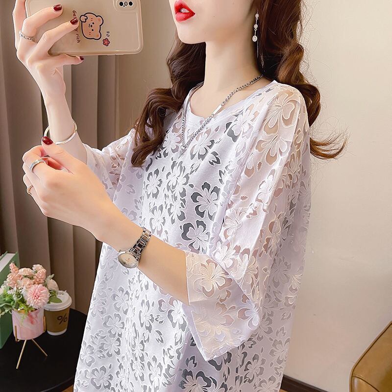 好感度UP ファッション カジュアル 透かし彫り 半袖Tシャツ<F-8458>