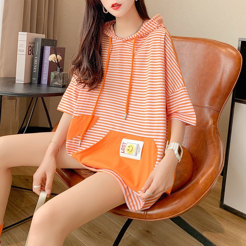 スタイルアップ効果抜群 ストライプ柄 アバンギャルド 切り替え レース プリント全2色 半袖TシャツF-9111