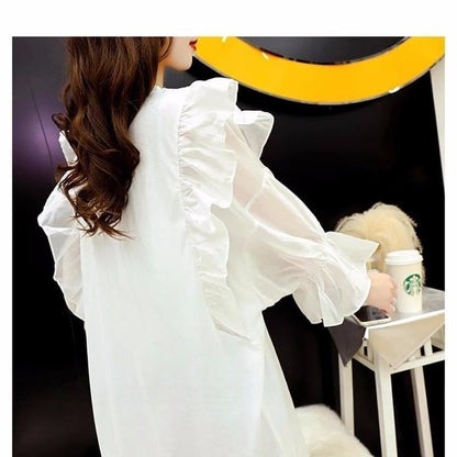 女子力アップ アルファベット パフスリーブ プリント ロングTシャツ ゆったりワンピース ＜F-3054＞