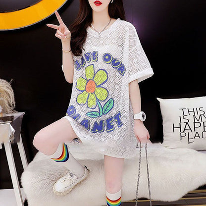【半額！期間限定！！】新商品 切り替え 一目惚れ 透かし彫り プリント Tシャツ カットソー＜F-8523＞
