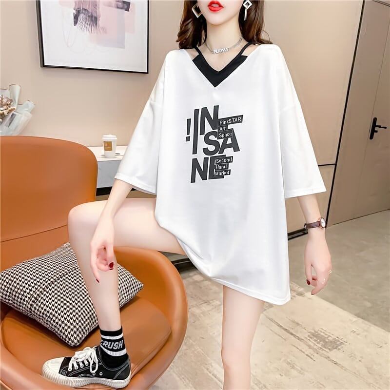 売れ筋 アルファベット Vネック フェイクレイヤード ゆったり 着?せ 半袖 Tシャツ ＜F-2005＞