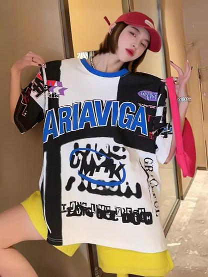 スタイルアップ効果抜群 レース アバンギャルド ダブルプリント全2色 半袖TシャツF-8980