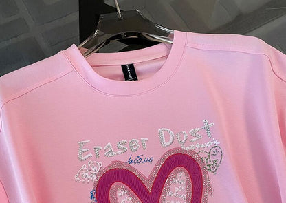 超人気 ホットダイヤモンド カジュアル プリント 半袖Tシャツ ショートパンツ セットアップ ＜F-9215＞