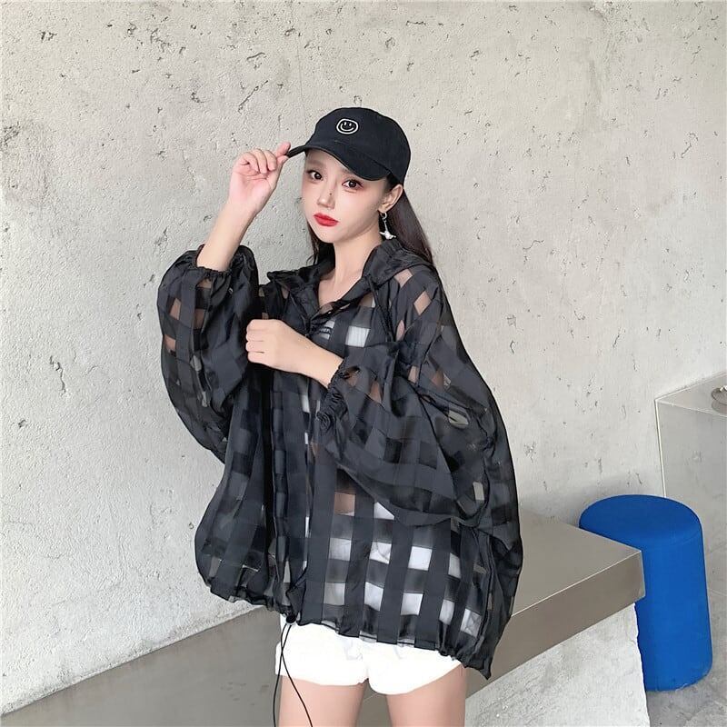 大人気 チェック柄 ゆったり 日焼け対策 UVカット 冷房対策 着?せ 長袖 フード付き シャツ ＜F-1910＞