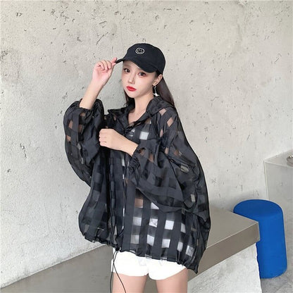 大人気 チェック柄 ゆったり 日焼け対策 UVカット 冷房対策 着?せ 長袖 フード付き シャツ ＜F-1910＞