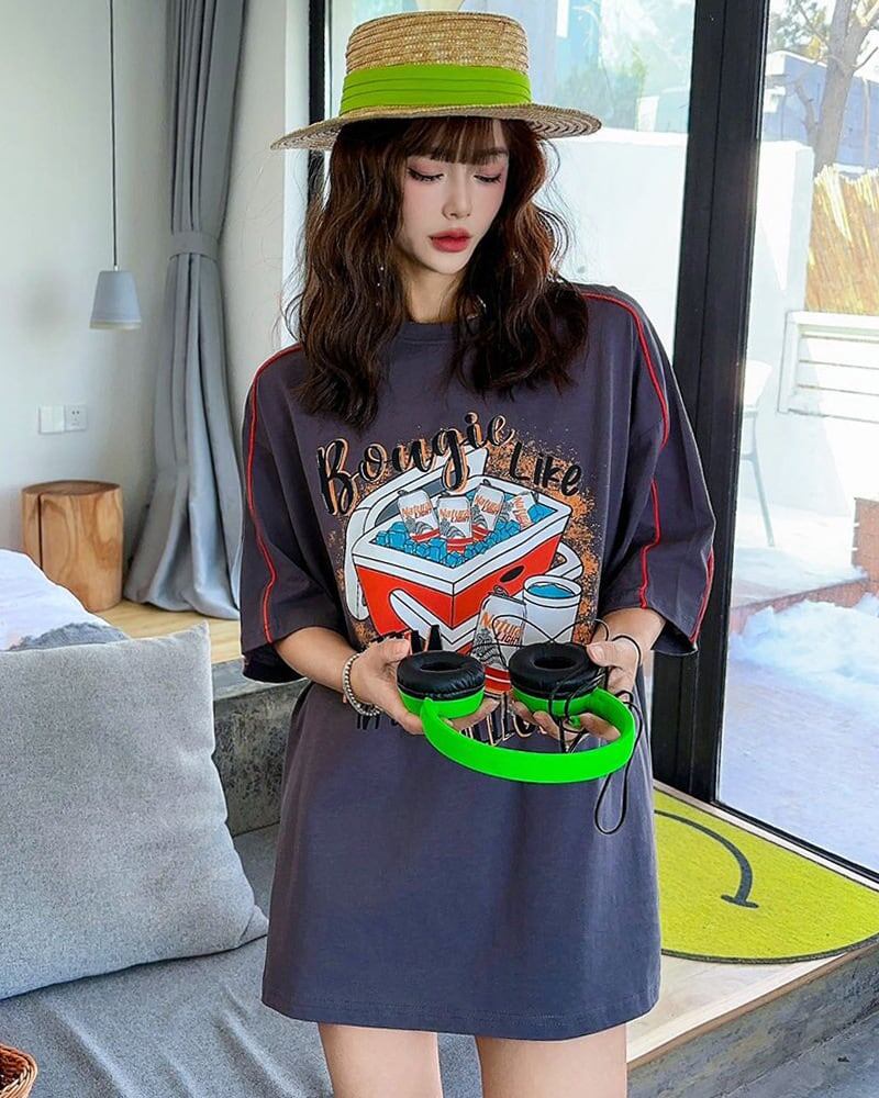 着?せ ゆったり ビッグロゴ ロングTシャツ 半袖 ワンピース<F-4859>