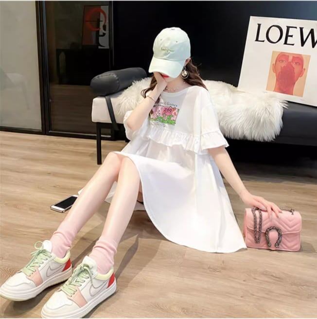 ミドル丈のイレギュラー半袖Tシャツワンピース<F-5007>
