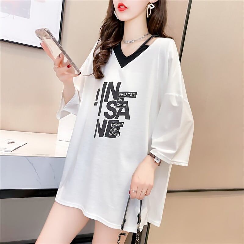 売れ筋 アルファベット Vネック フェイクレイヤード ゆったり 着?せ 半袖 Tシャツ ＜F-2005＞
