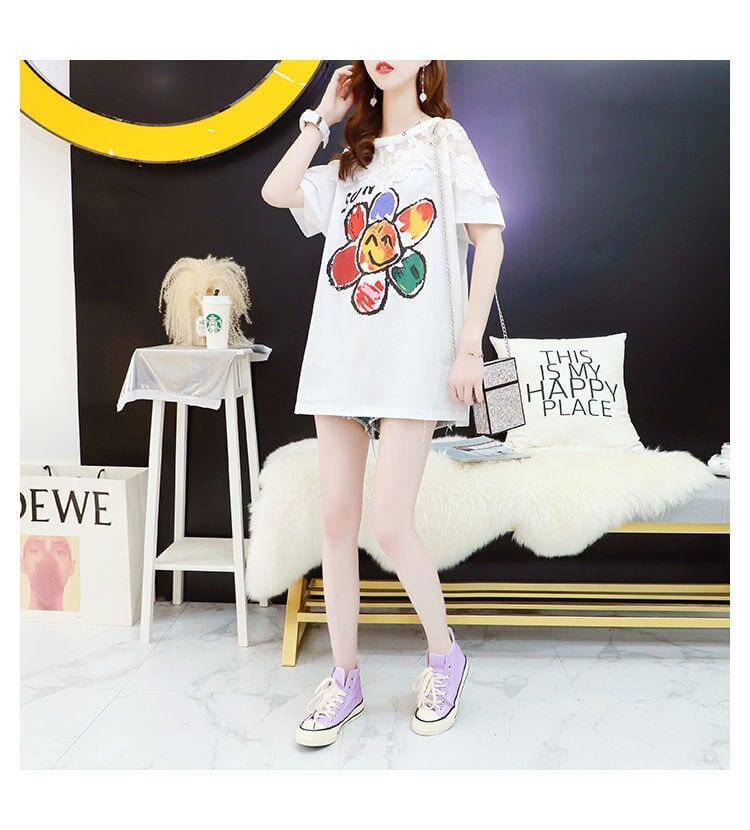 大人可愛い 切り替え レース 透かし彫り プリント全2色 半袖Tシャツ カットソー ＜F-8560＞
