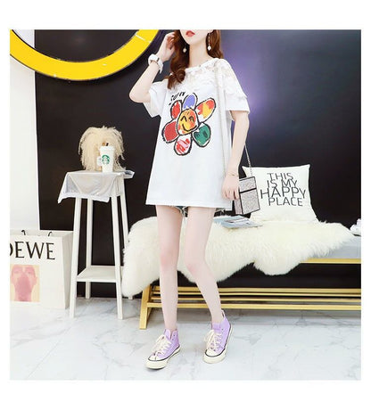 大人可愛い 切り替え レース 透かし彫り プリント全2色 半袖Tシャツ カットソー ＜F-8560＞