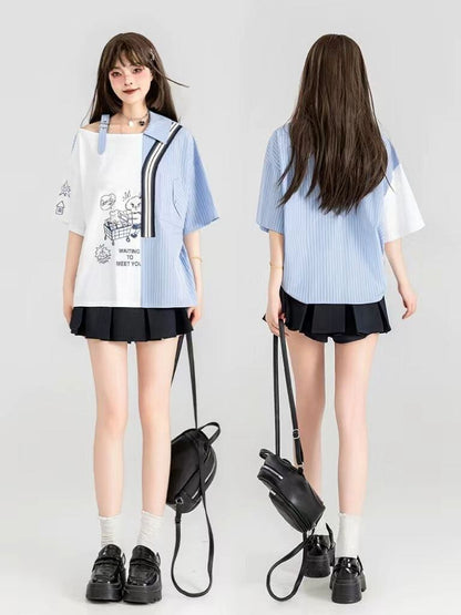 話題沸騰中 キュートストライプ柄 ファッション 切り替え 半袖Tシャツ＜F-8695＞