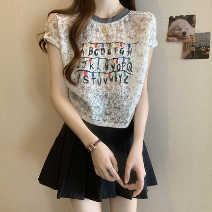 好感度UP カジュアル 大人可愛い プリント 全2色 半袖 Tシャツ＜F-8822＞