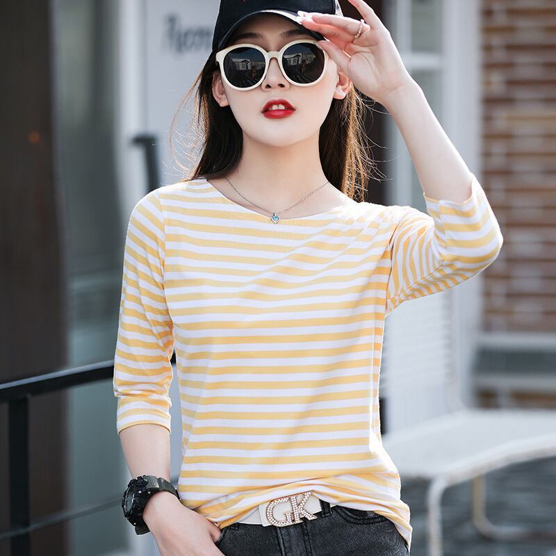 お買い得 定番シンプル 大活躍 着心地抜群 ストライプ柄 全4色 7分袖 Tシャツ ＜F-9134＞