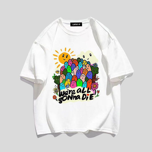 スタイルアップ効果抜群 キュート カジュアル ルーズ プリント全6色 半袖TシャツF-8970