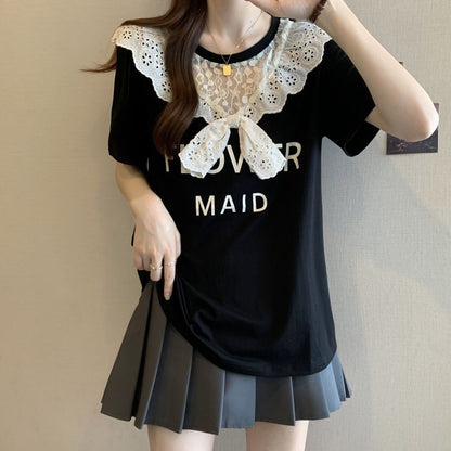 超人気 レース スウィート 切り替え プリント 3色選択 半袖Tシャツ＜F-8825＞