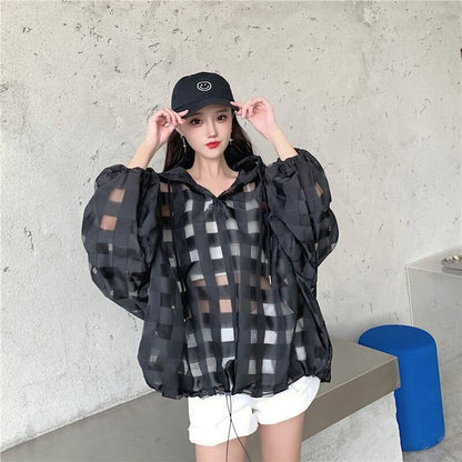 大人気 チェック柄 ゆったり 日焼け対策 UVカット 冷房対策 着?せ 長袖 フード付き シャツ ＜F-1910＞