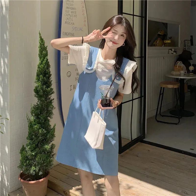 美人度アップ デニム 大人可愛い 全2色 半袖Tシャツ+サスペンダースカート セットF-8782