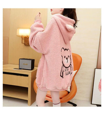 大人可愛いクマちゃんロゴもこもこ厚手フード付きパーカー全3色<F-4696>