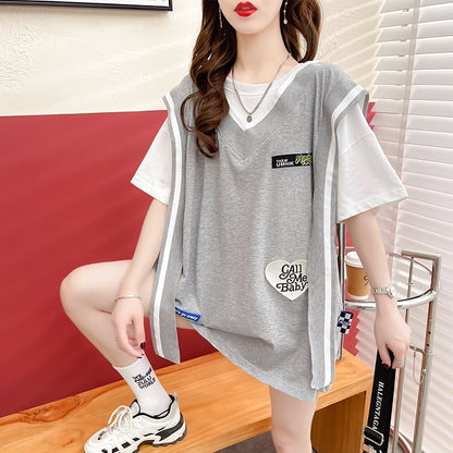 おすすめ アバンギャル 大活躍 ドレイヤード風 切り替え 全2色 半袖TシャツF-8752