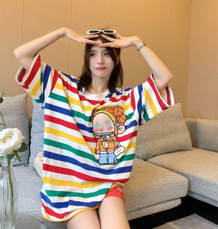 売り切れ必至 トレンドアイテム 存在感抜群 ストライプ柄 半袖TシャツF-9270