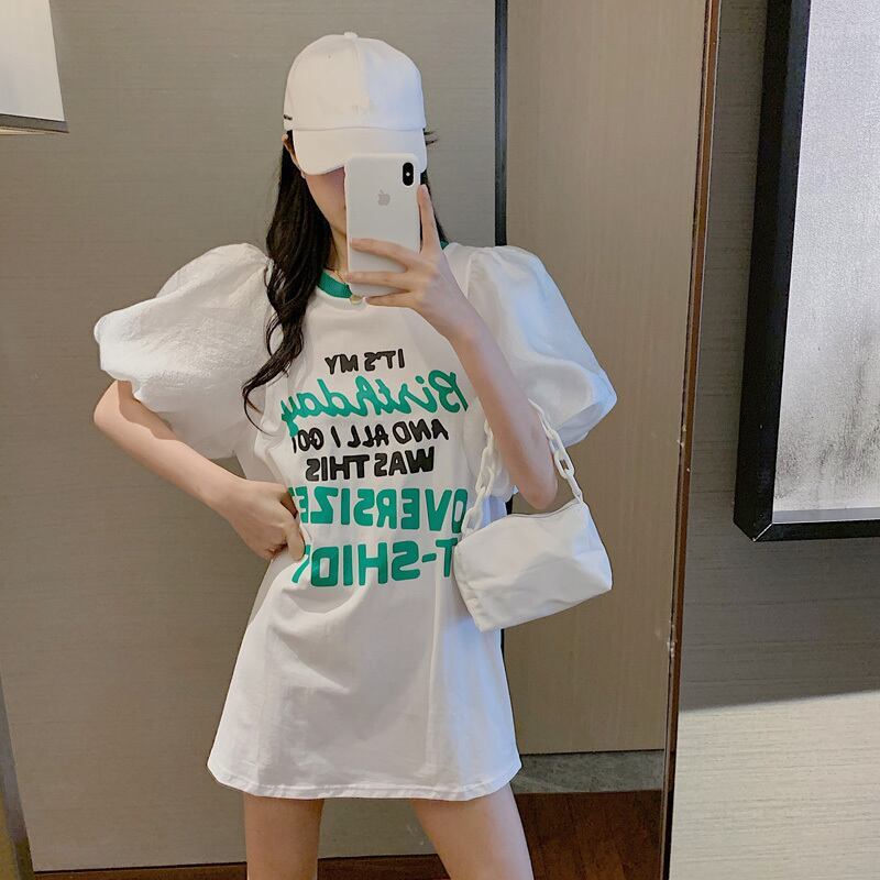 話題沸騰中 パフスリーブ ファッション プリント 全2色 半袖 Tシャツ <F-8662>