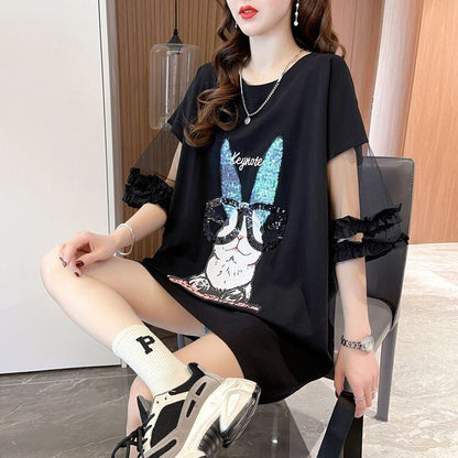 着回し力抜群 チュール 新作 切り替え ピンク プリント スパンコール プリント全3色 半袖Tシャツ カットソー ＜F-8557＞