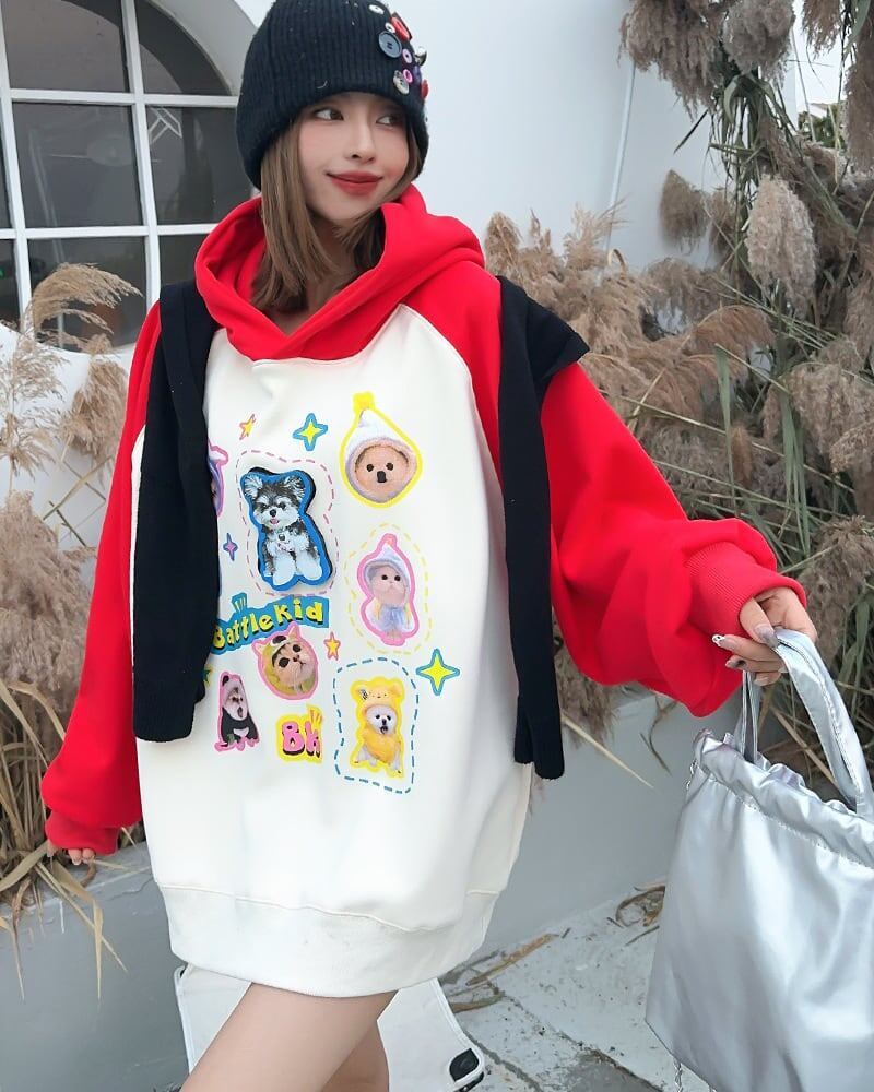 超人気商品猫柄犬柄ロゴ厚手ラグランパーカー全3色オーバーサイズトップス＜F-4473＞