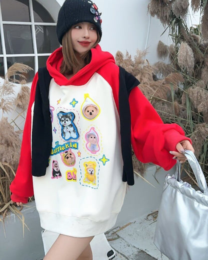 超人気商品猫柄犬柄ロゴ厚手ラグランパーカー全3色オーバーサイズトップス＜F-4473＞